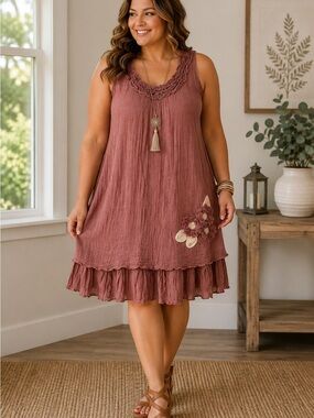 Mine too Tunic Dress Size 1X Rustic Rose Midi Gauze Layered Floral Appliqué
